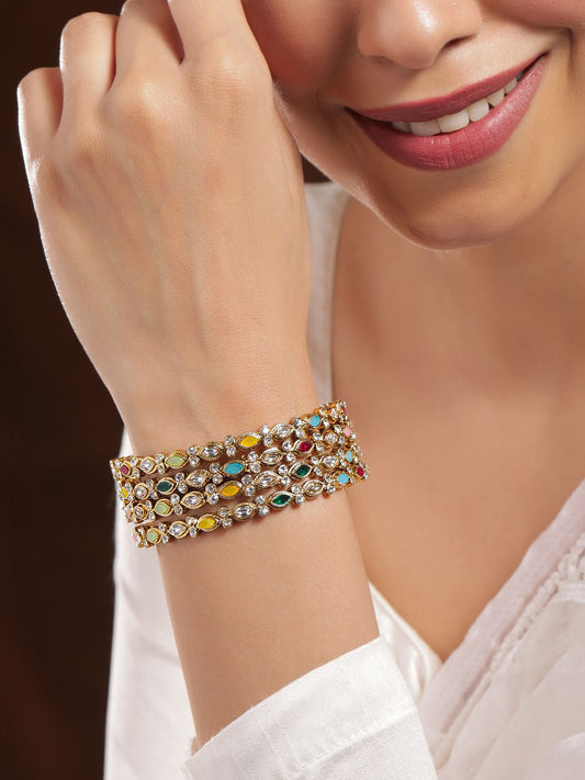 Rubans Set of 4 18K Mehandi Gold Plated Multicolor Kundan Gemstone Bangles