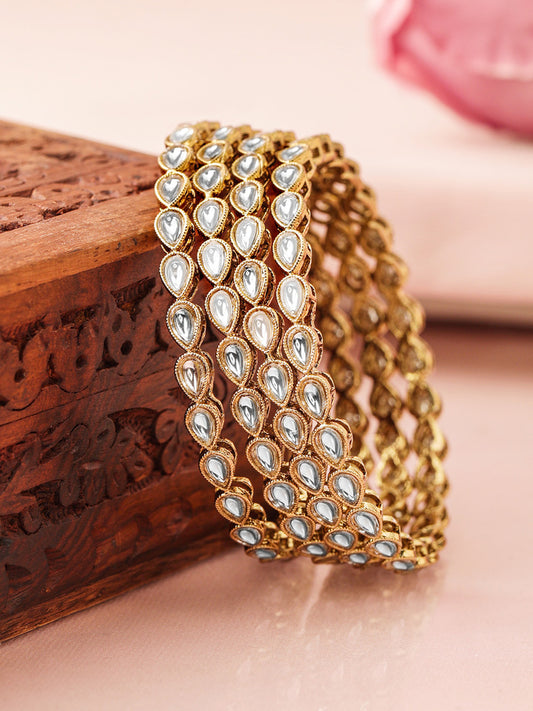 Rubans Set of 4 18K Mehandi Gold Plated White Kundan Handcrafted Bangles
