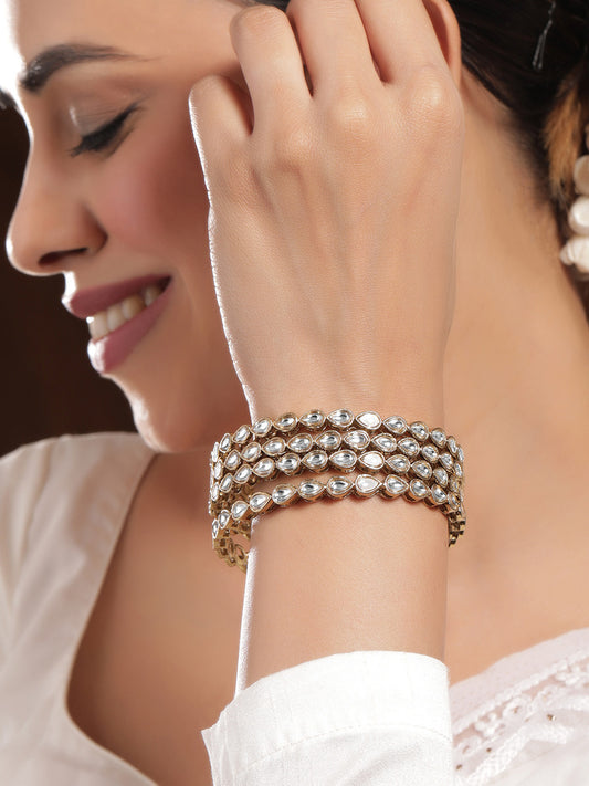 Rubans Set of 4 18K Mehandi Gold Plated White Kundan Handcrafted Bangles