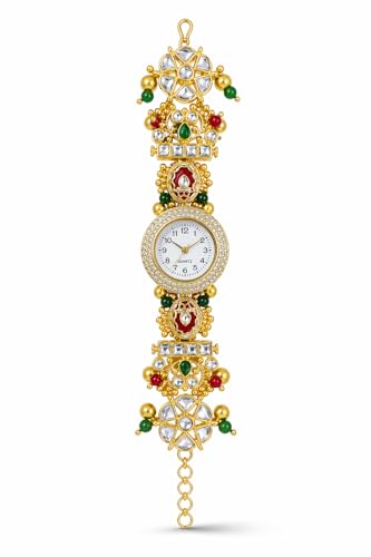 Kashmiri Meenakari Round Dial Bracelet Watch | Gold Tone | Red and Green Kundan