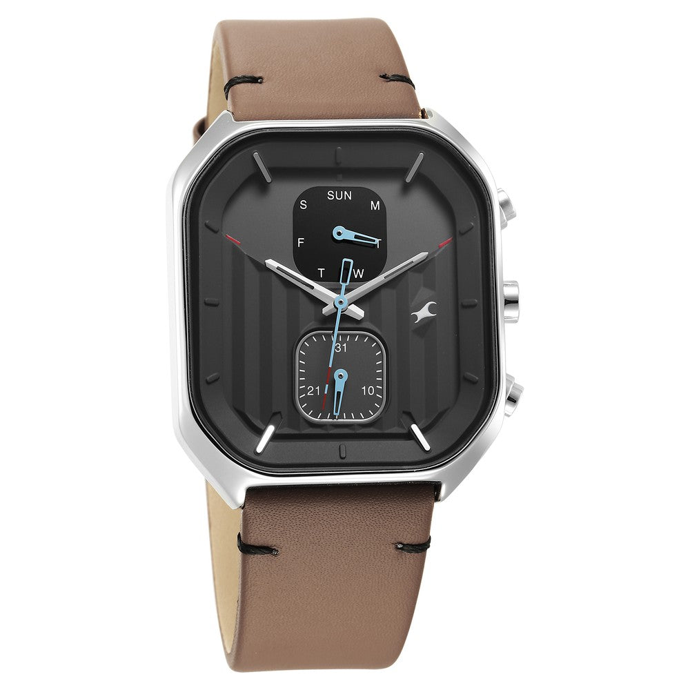 Fastrack Fleek Quartz Multifunction Grey Dial Leather Strap Watch For Guys