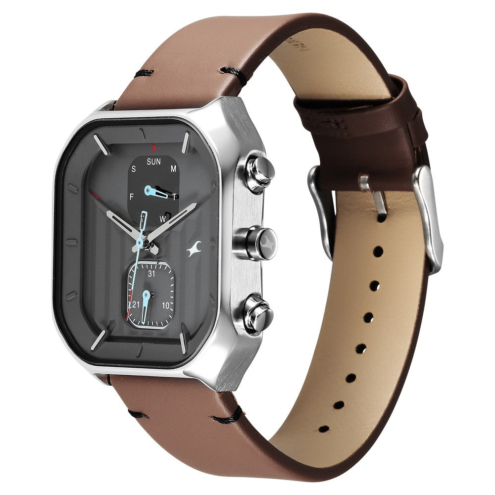 Fastrack Fleek Quartz Multifunction Grey Dial Leather Strap Watch For Guys