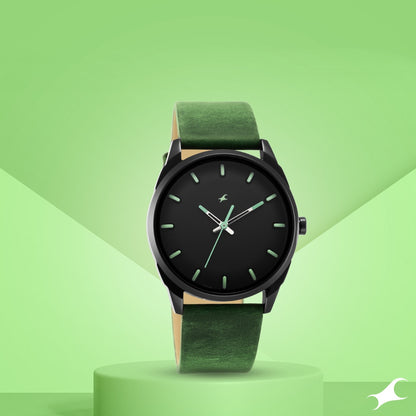 Fastrack After Dark Black Dial Green Leather Strap Watch for Guys