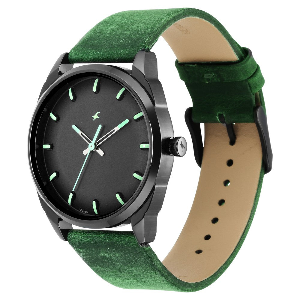 Fastrack After Dark Black Dial Green Leather Strap Watch for Guys