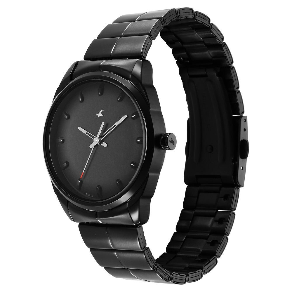 Fastrack Quartz Analog Black Dial Black Stainless Steel Strap Watch for Guys