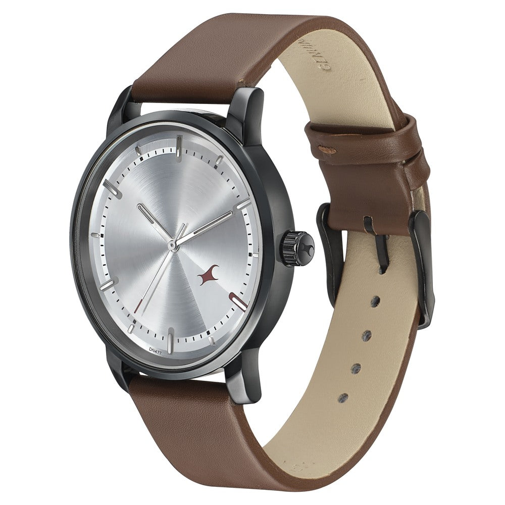 Fastrack Style Up Silver Dial Leather Strap Watch for Guys
