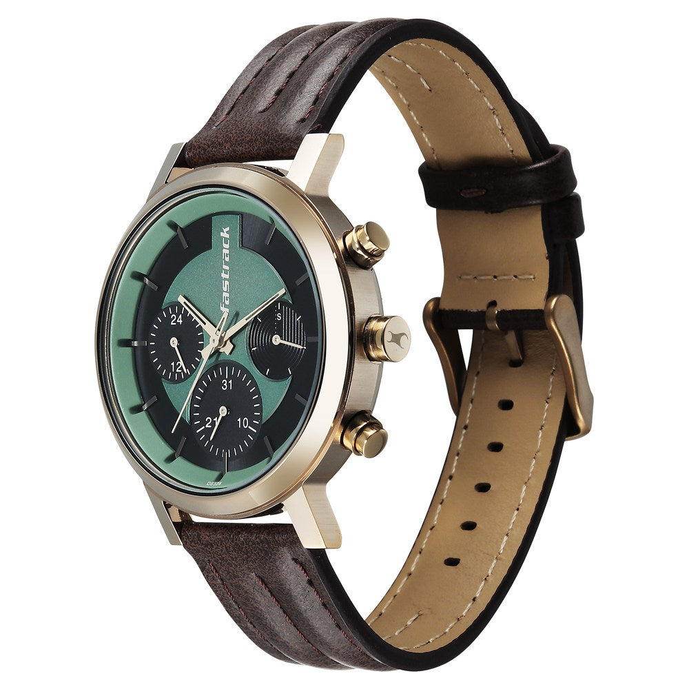 Fastrack Chrome K Quartz Multifunction Green Dial Brown Leather Strap Watch For Guys