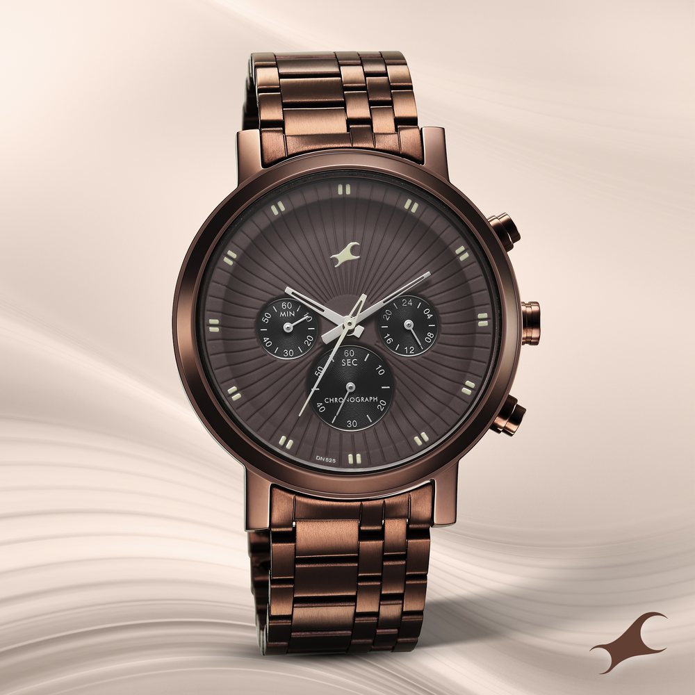 Fastrack Kronos Multifunction Brown Dial Stainless Steel Strap Watch for Guys