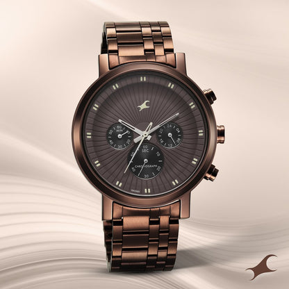 Fastrack Kronos Multifunction Brown Dial Stainless Steel Strap Watch for Guys