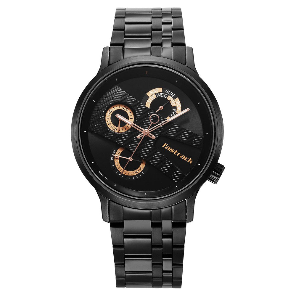 Fastrack Exuberant Quartz Multifunction Black Dial Stainless Steel Strap Watch for Guys