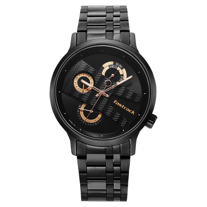 Fastrack Exuberant Quartz Multifunction Black Dial Stainless Steel Strap Watch for Guys
