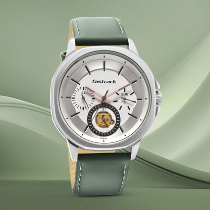 Fastrack Exuberant Quartz Multifunction White Dial Leather Strap Watch for Guys