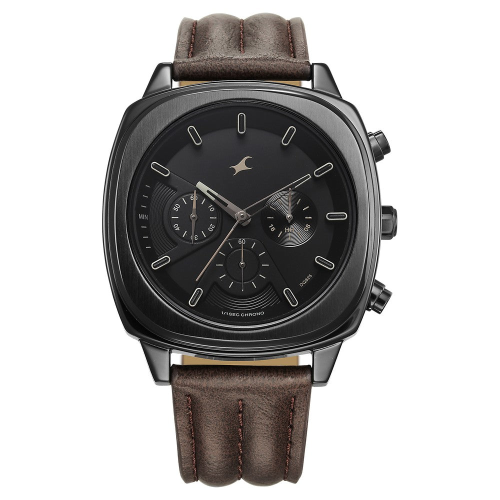 Fastrack Kronos Chronograph Black Dial Brown Leather Strap Watch For Guys