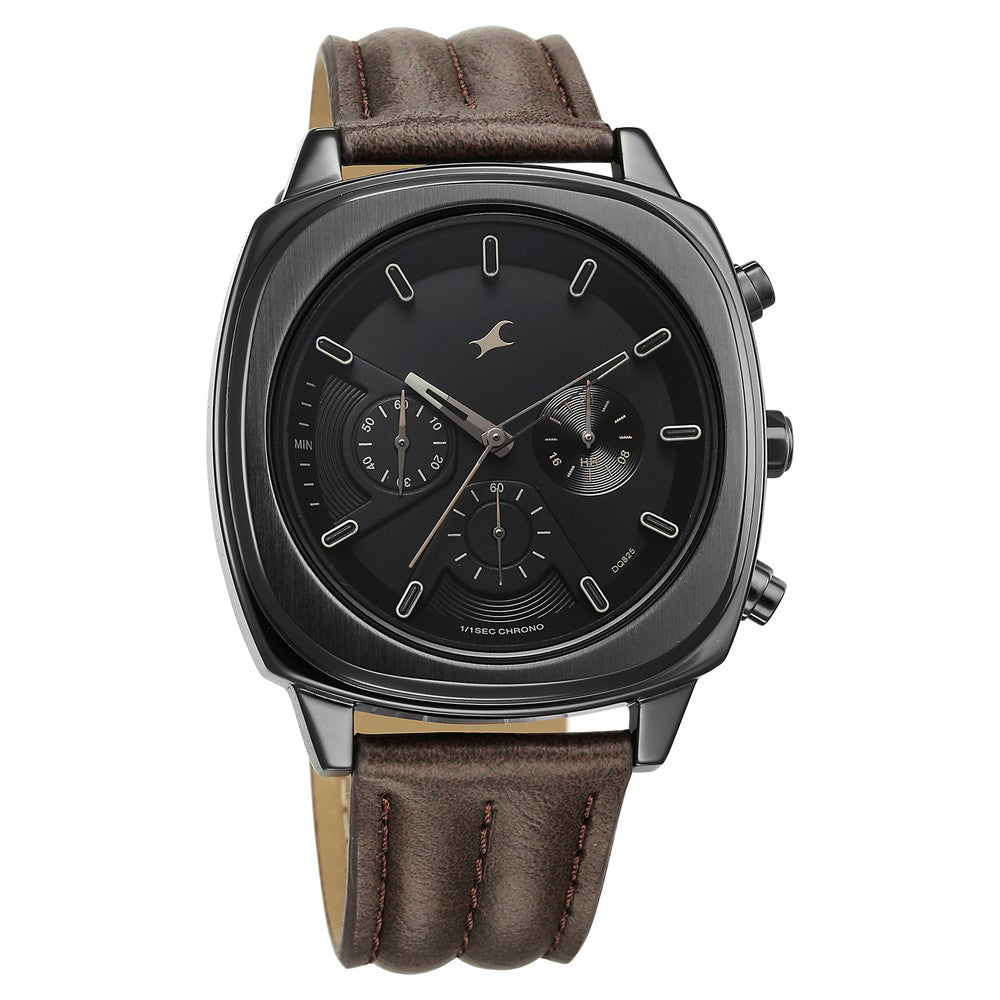 Fastrack Kronos Chronograph Black Dial Brown Leather Strap Watch For Guys