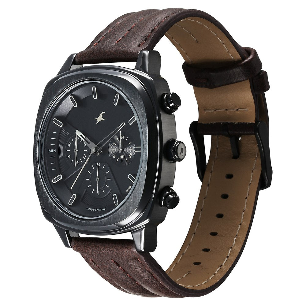 Fastrack Kronos Chronograph Black Dial Brown Leather Strap Watch For Guys