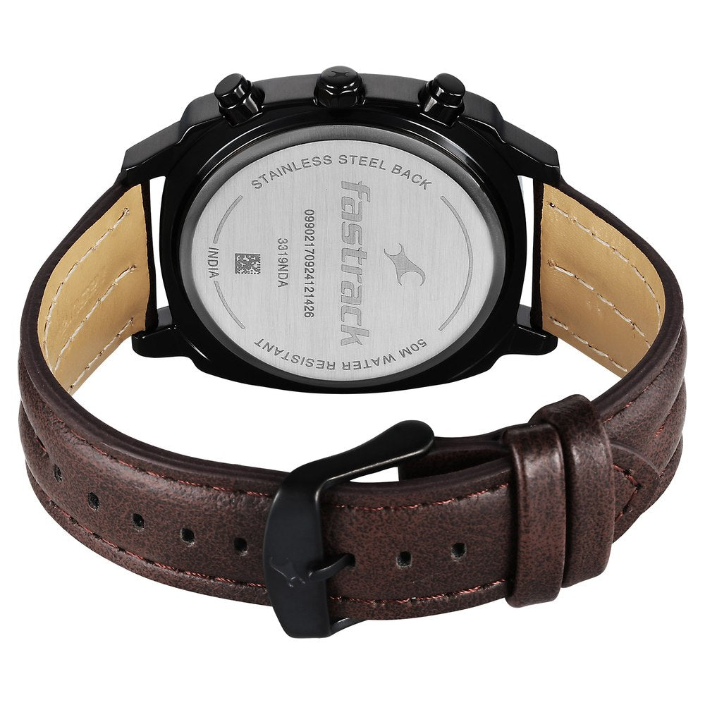 Fastrack Kronos Chronograph Black Dial Brown Leather Strap Watch For Guys