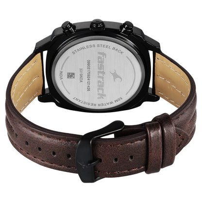 Fastrack Kronos Chronograph Black Dial Brown Leather Strap Watch For Guys