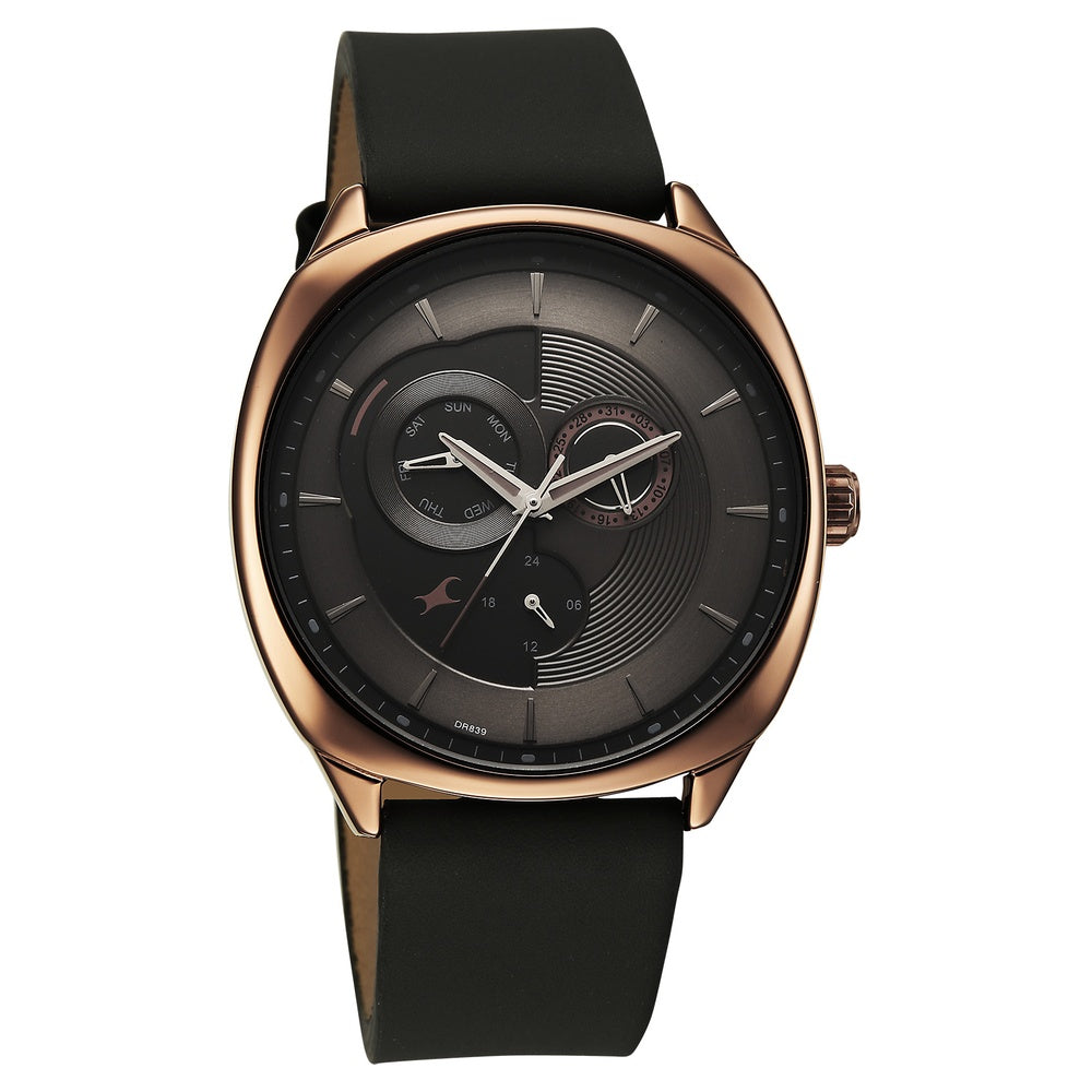 Fastrack Tick Tock Quartz Multifunction Black Dial Leather Strap Watch For Guys