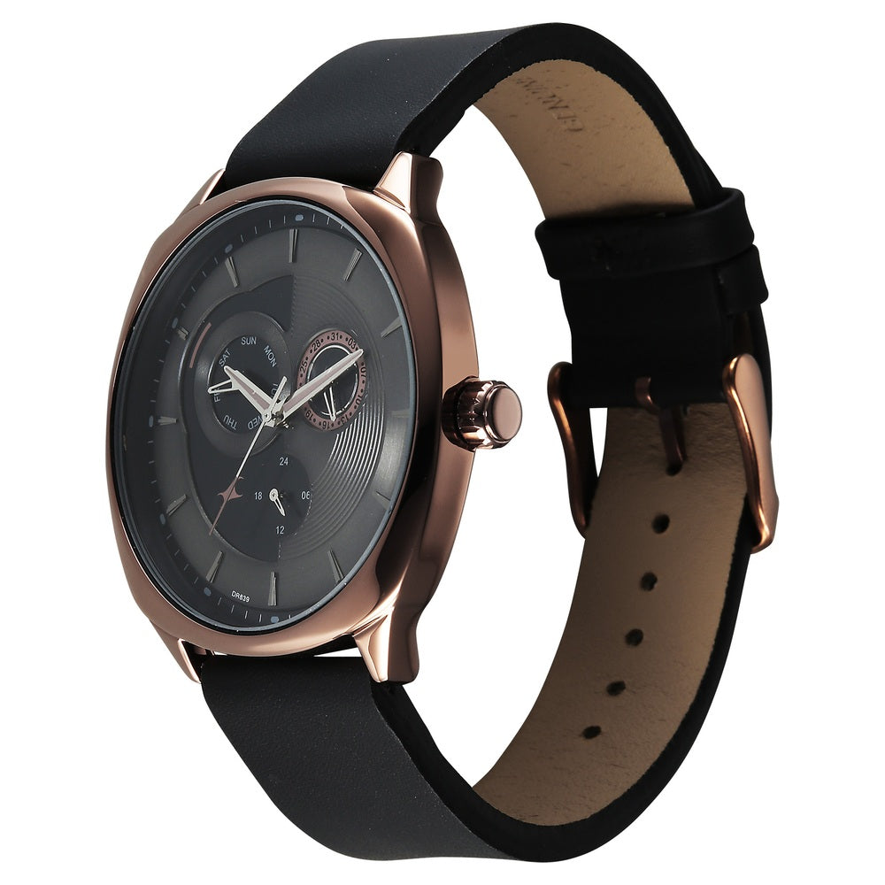 Fastrack Tick Tock Quartz Multifunction Black Dial Leather Strap Watch For Guys