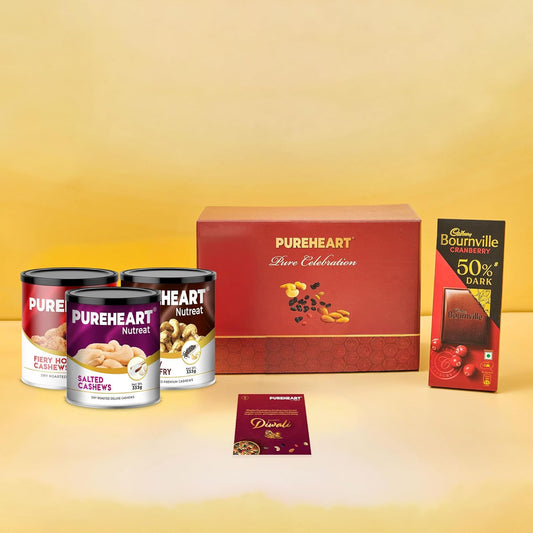 PUREHEART Premium Diwali Gift Hamper | Corporate Dry Fruits Gift Box with Fiery Hot Cashews | Pepper and Salted Cashews (333g each) | Bournville Chocolate | Diwali Greeting Card