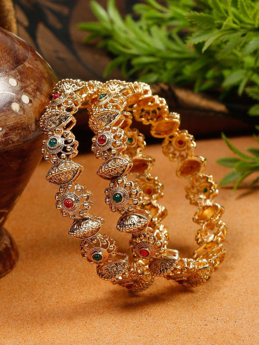 YouBella Set of 2 Gold Plated Red Green Stone Studded Bangles