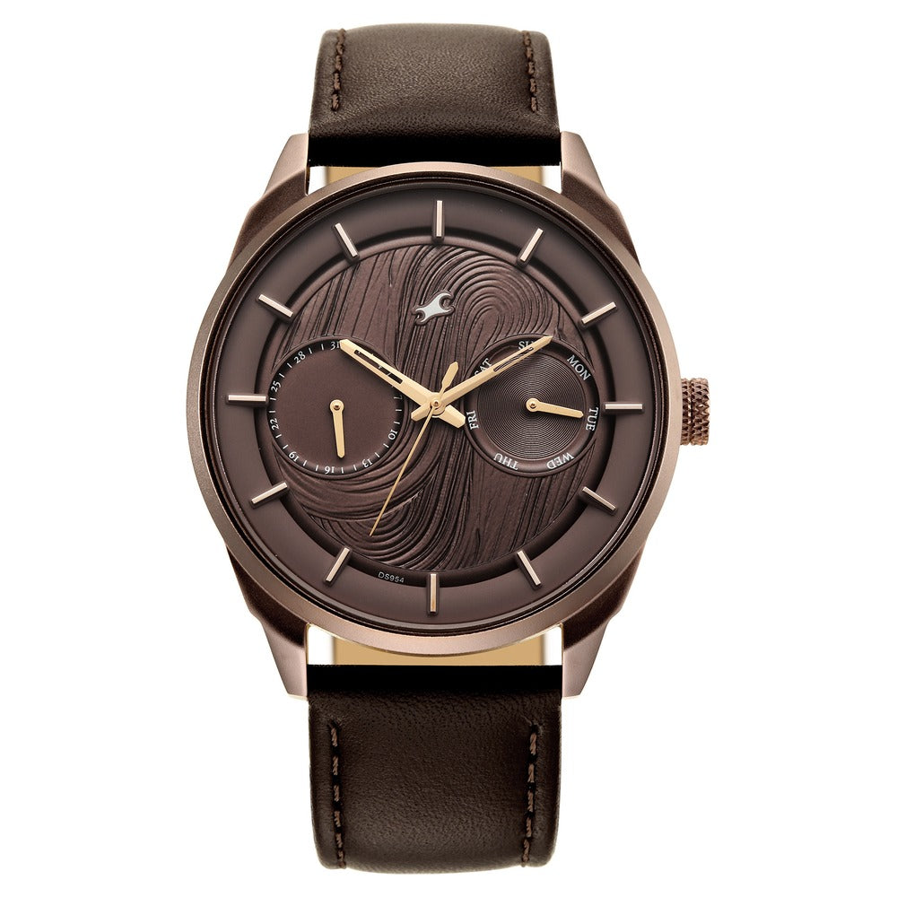 Fastrack Tick Tock Multifunction with Hazelnut Brown Dial Leather Strap Watch for Guys