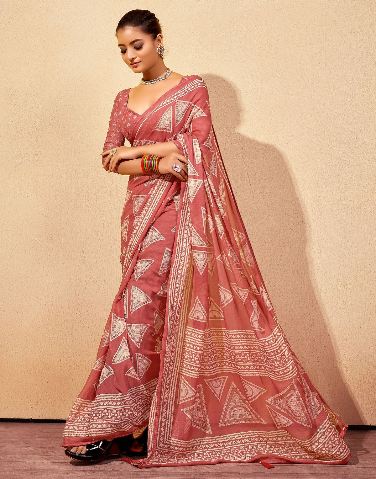 Sudathi Rose Pink Printed Georgette Saree