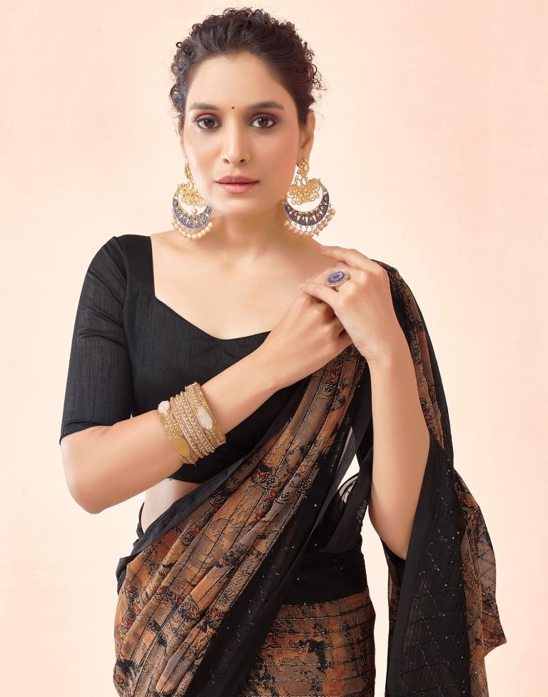 Sudathi Black Printed Georgette Saree - PUSHMYCART