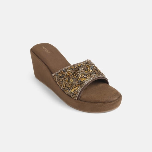 Mochi Bronze Ethnic Platform Slip Ons for Women Style 35-1984