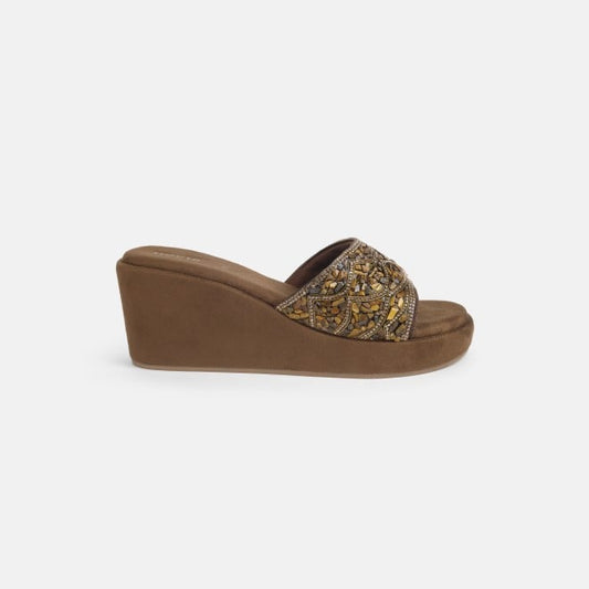 Mochi Bronze Ethnic Platform Slip Ons for Women Style 35-1984