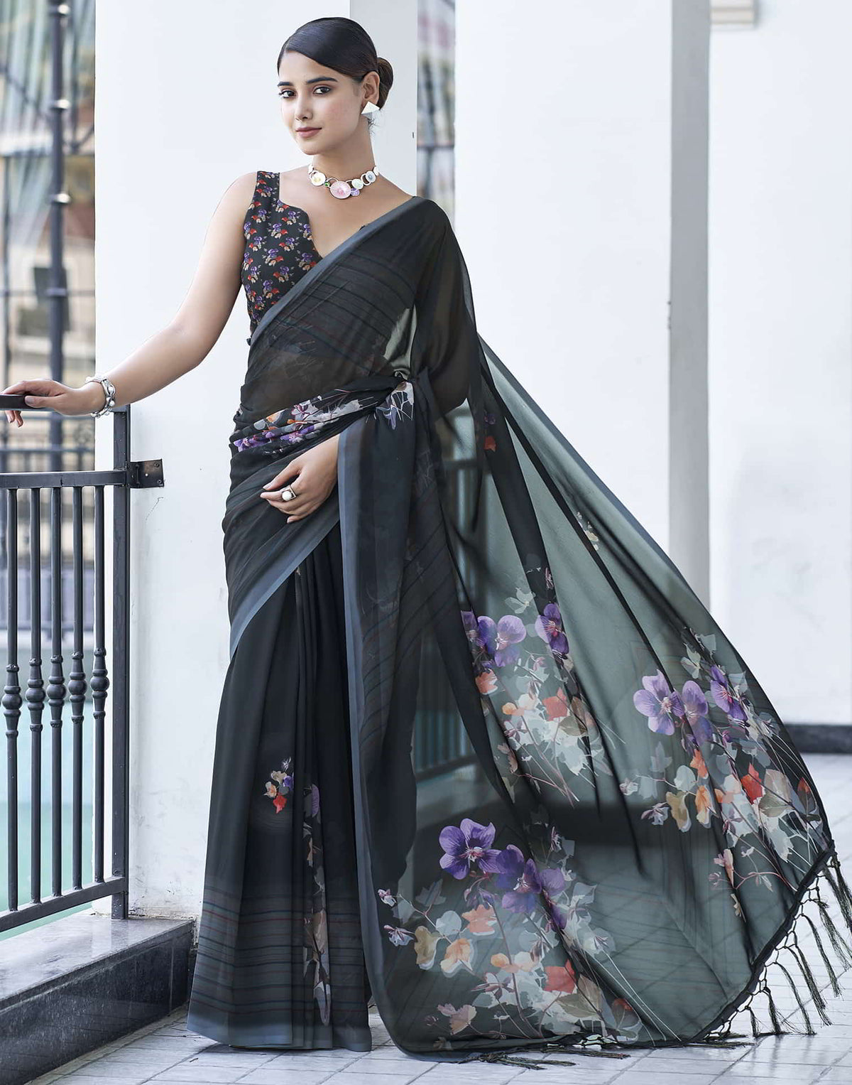 Sudathi Black Printed Georgette Saree - PUSHMYCART
