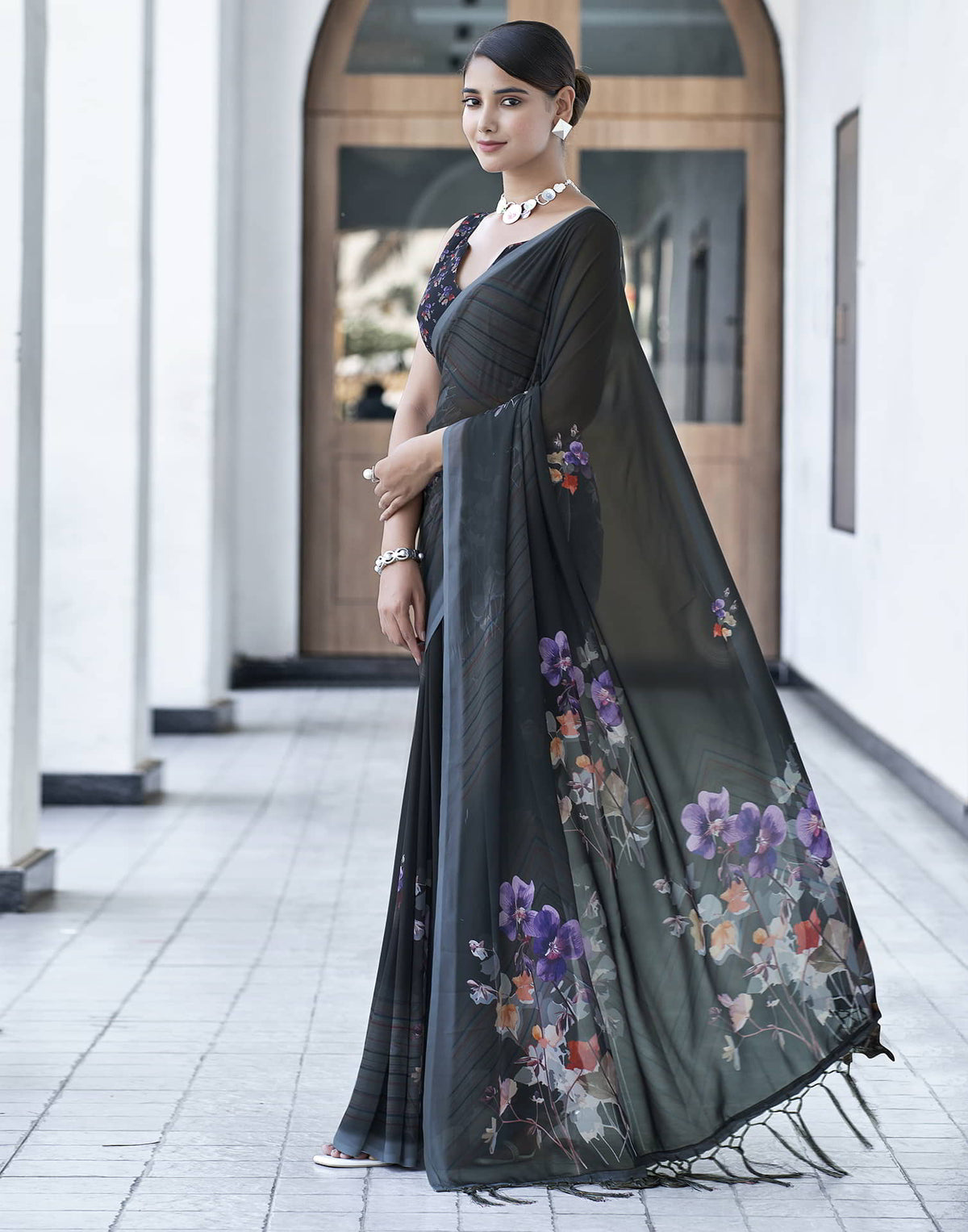Sudathi Black Printed Georgette Saree - PUSHMYCART