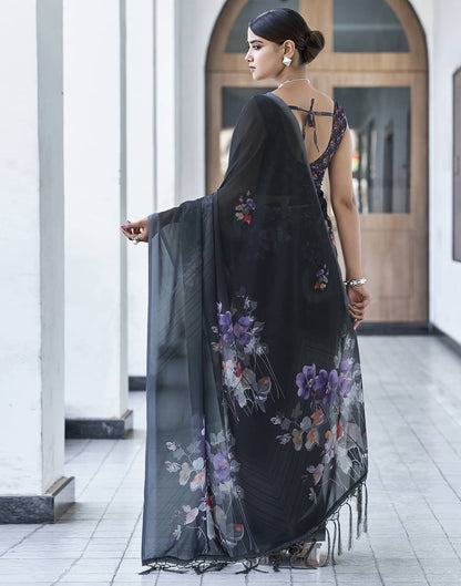 Sudathi Black Printed Georgette Saree - PUSHMYCART