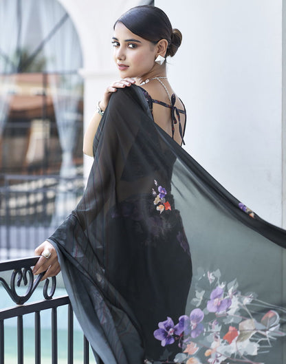 Sudathi Black Printed Georgette Saree - PUSHMYCART