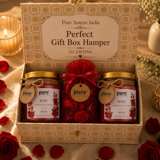 Pure Source India Luxury Festive Gift Box Hamper Rose Candles and Red Potpourri