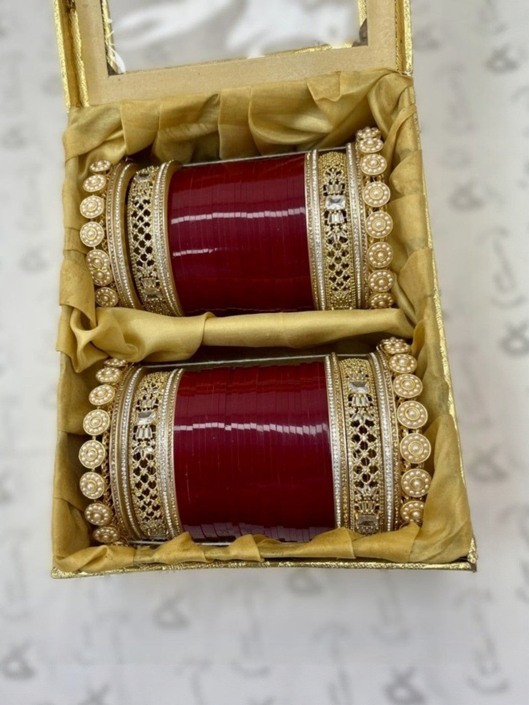 Lybashine Gold Plated American Diamond Maroon Bridal Chuda Bangles Set