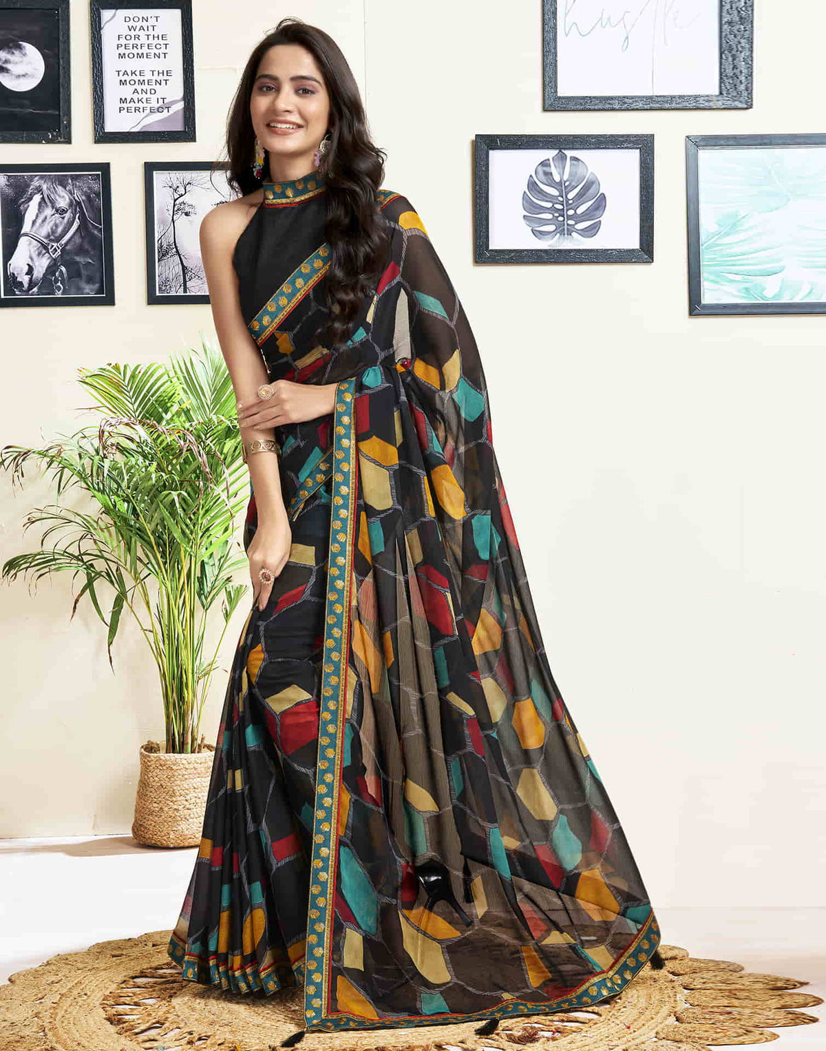 Sudathi Black Printed Chiffon Saree