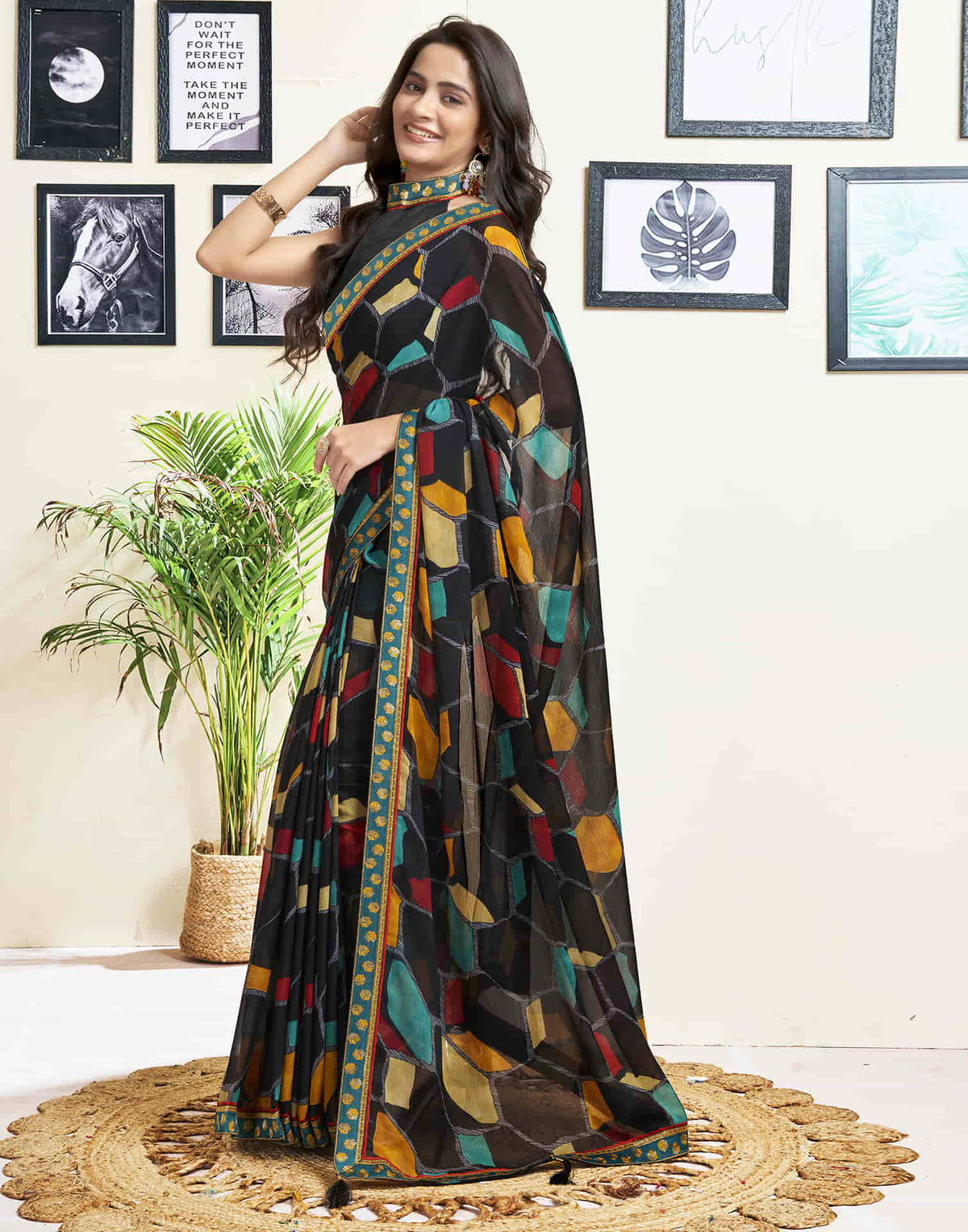 Sudathi Black Printed Chiffon Saree - PUSHMYCART