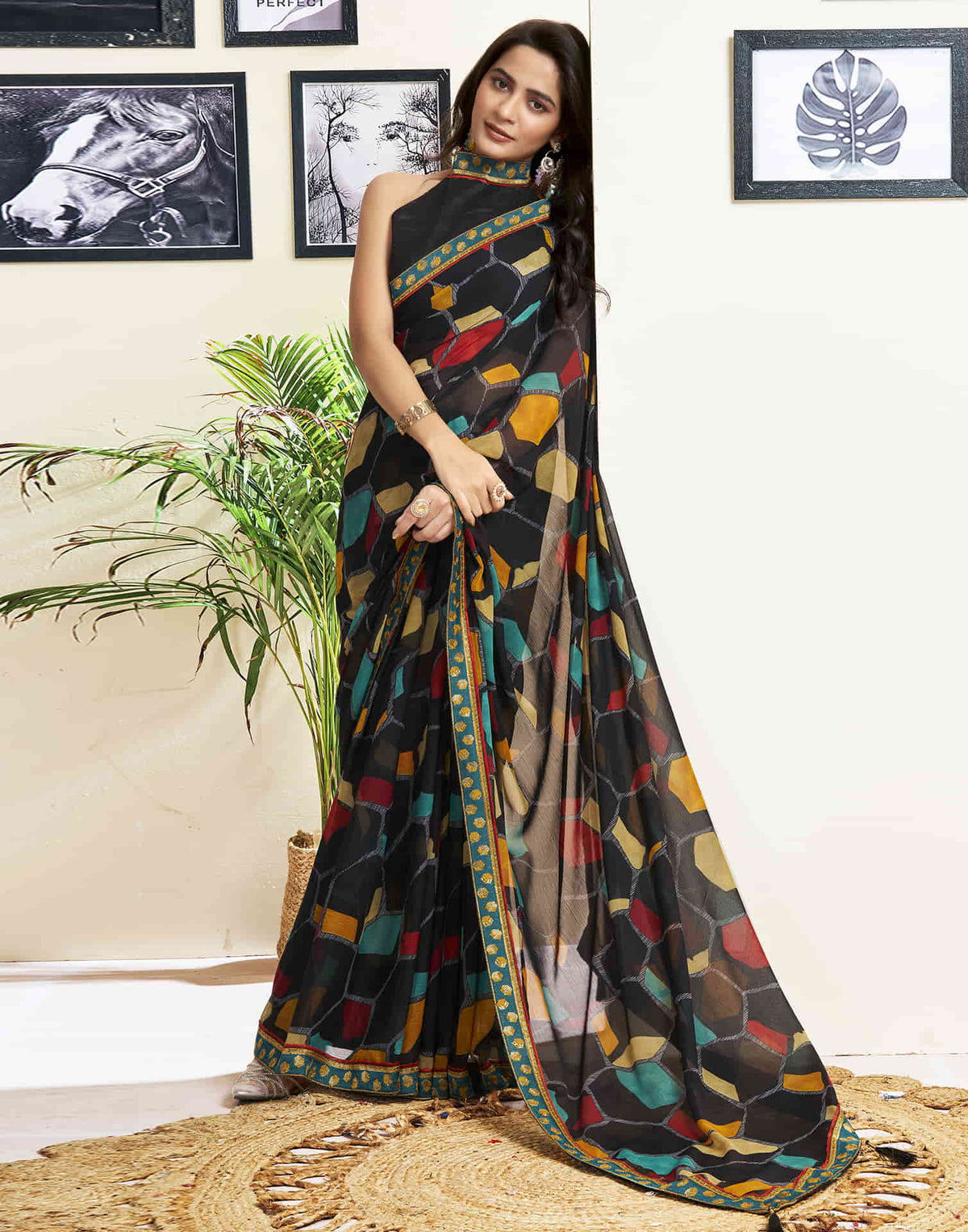 Sudathi Black Printed Chiffon Saree - PUSHMYCART