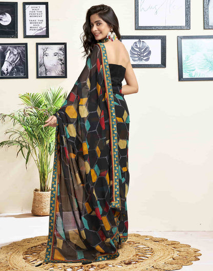 Sudathi Black Printed Chiffon Saree - PUSHMYCART