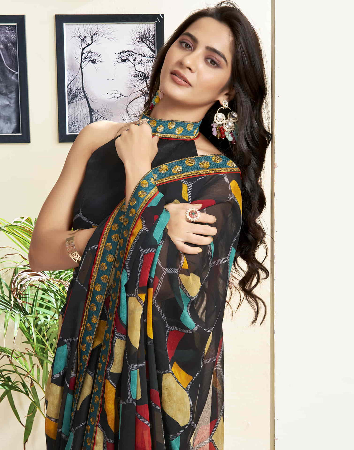 Sudathi Black Printed Chiffon Saree - PUSHMYCART