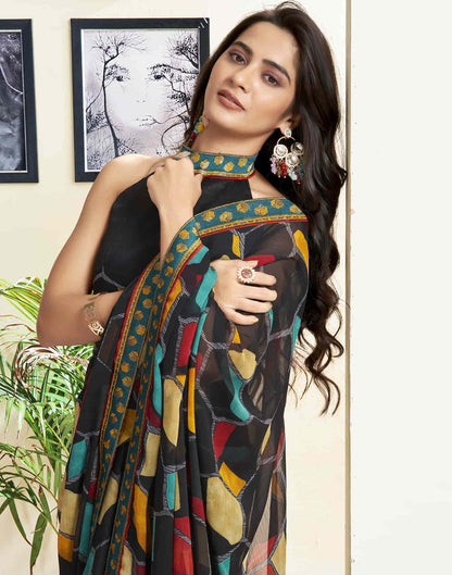 Sudathi Black Printed Chiffon Saree - PUSHMYCART