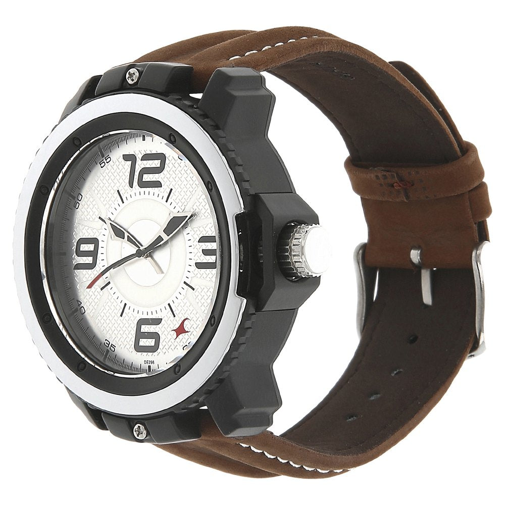 Fastrack Quartz Analog Silver Dial Leather Strap Watch for Guys 38017PL02J