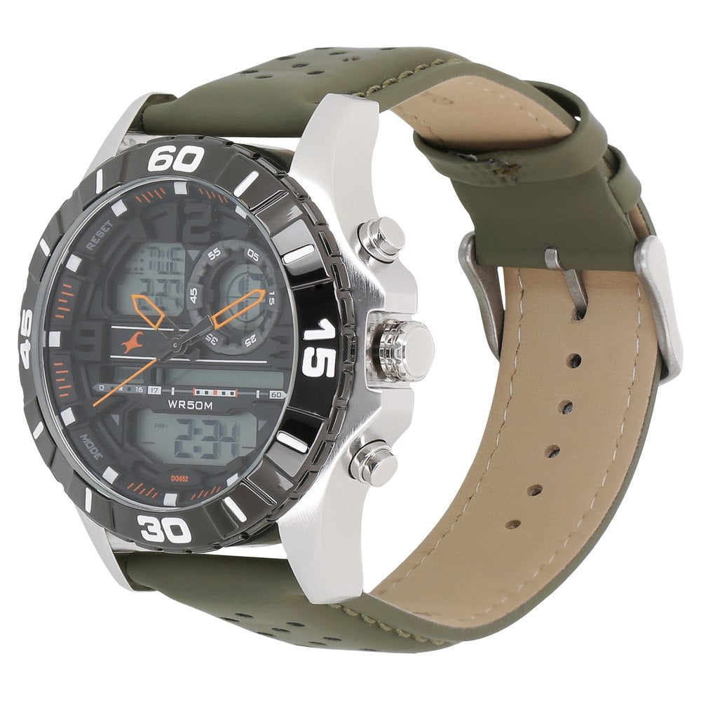 Fastrack Quartz Analog Digital Black Dial Leather Strap Watch for Guys