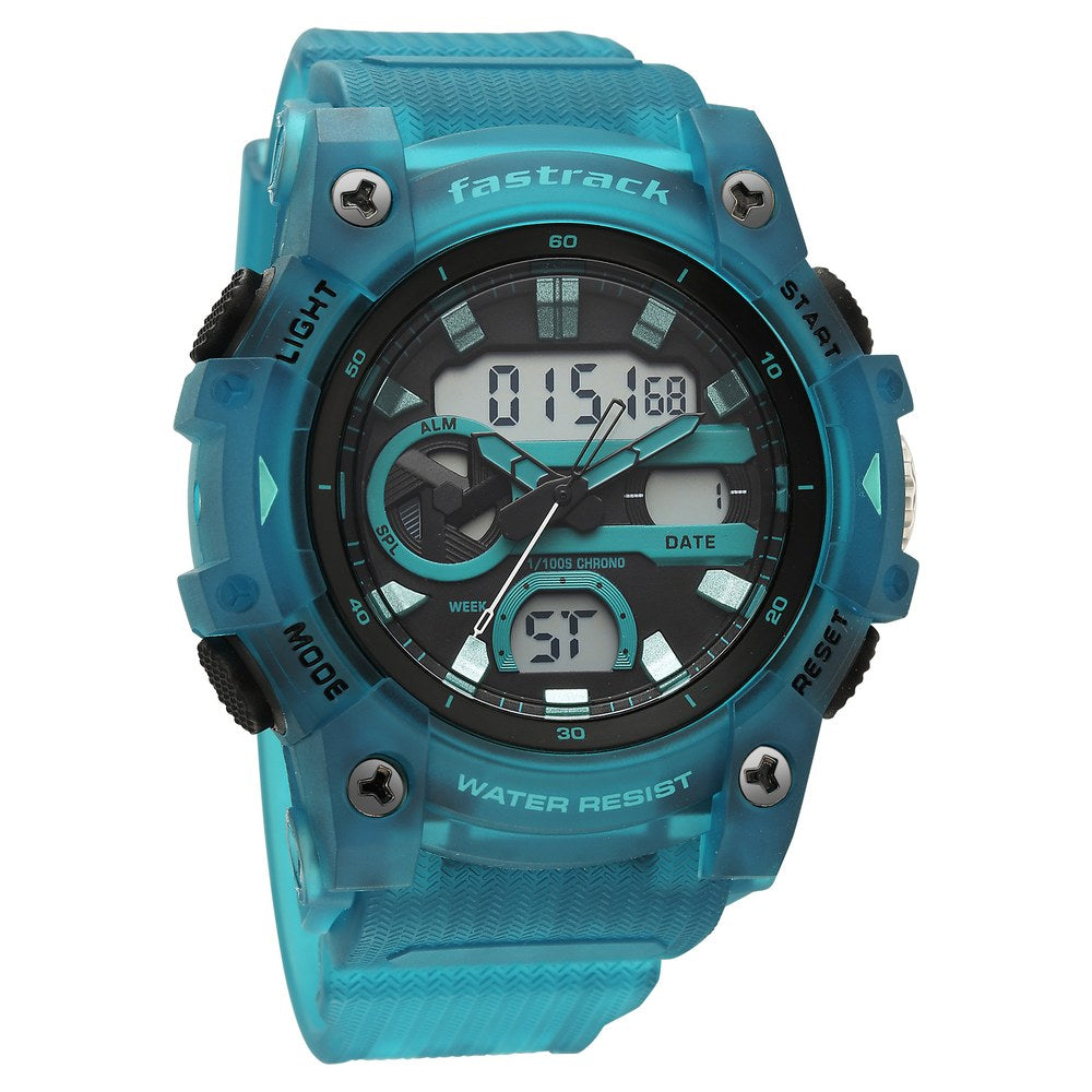 Fastrack StreetStyle Quartz Analog Digital Black Dial Translucent Blue Polyether Strap Watch For Guys