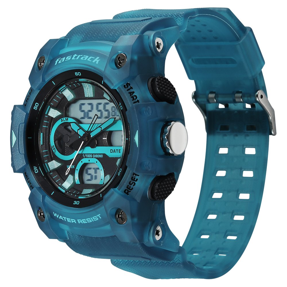 Fastrack StreetStyle Quartz Analog Digital Black Dial Translucent Blue Polyether Strap Watch For Guys