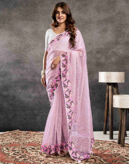 Sudathi Light Pink Embroidery Net Saree