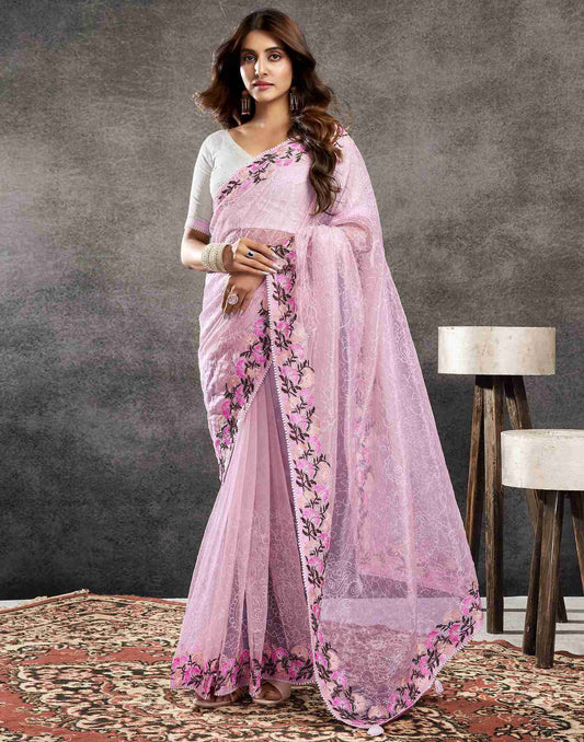 Sudathi Light Pink Embroidery Net Saree - PUSHMYCART