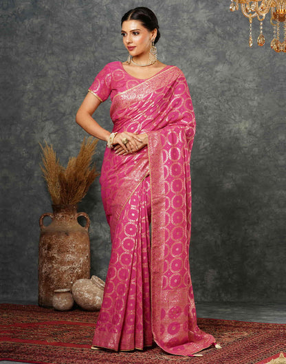 Sudathi Bright Pink Woven Banarasi Cotton Saree