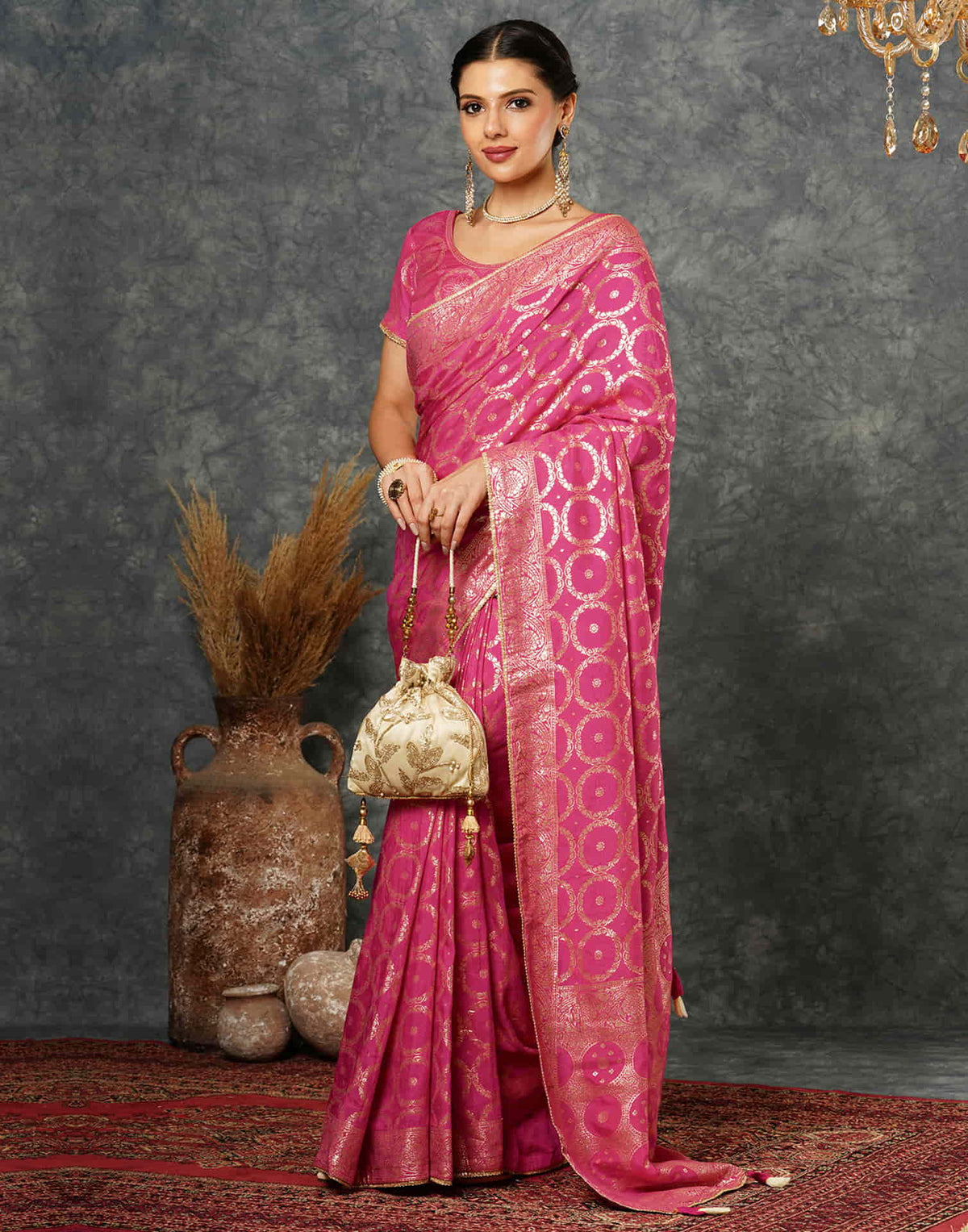 Sudathi Bright Pink Woven Banarasi Cotton Saree - PUSHMYCART